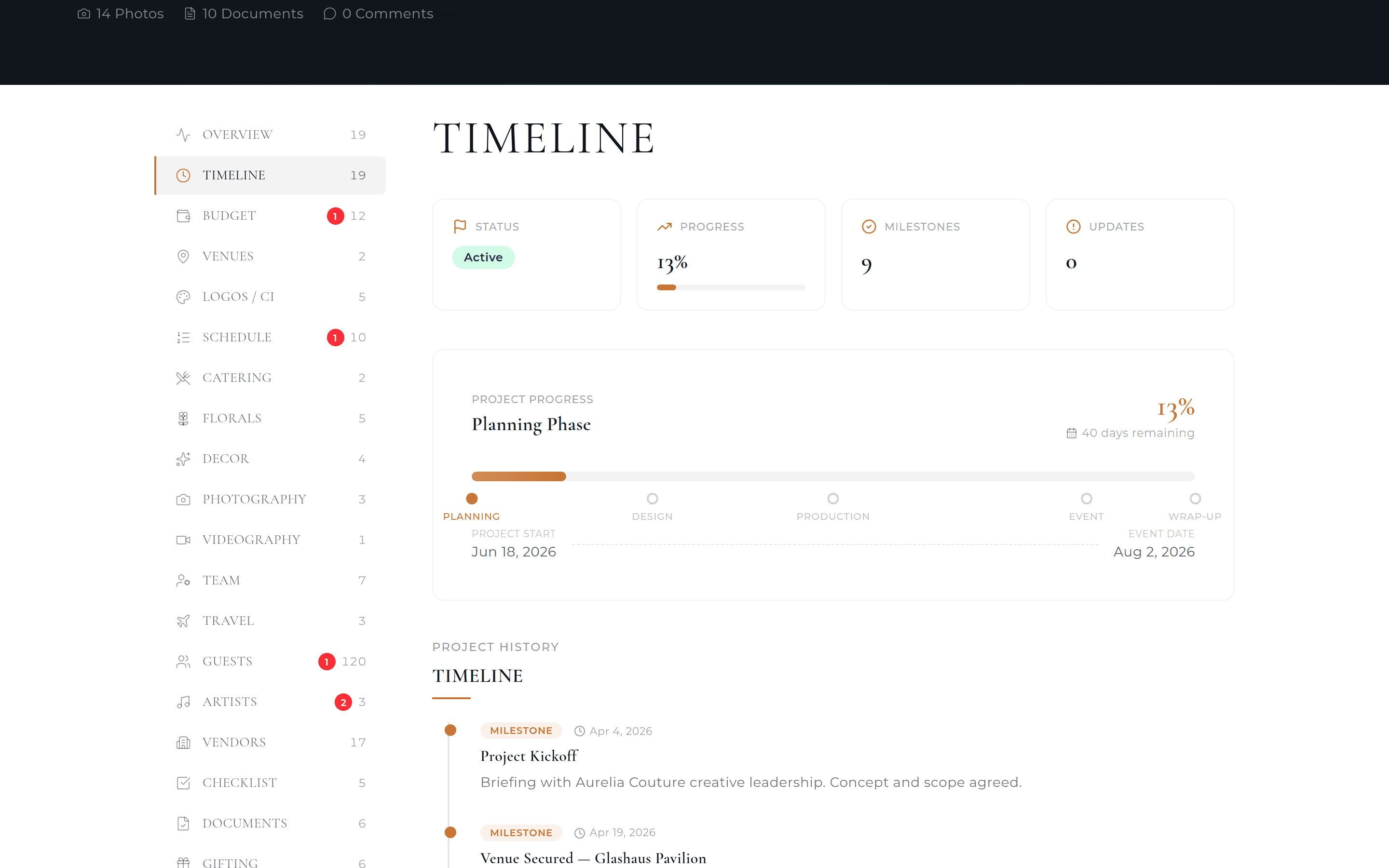 Timeline — Studio BOH client portal